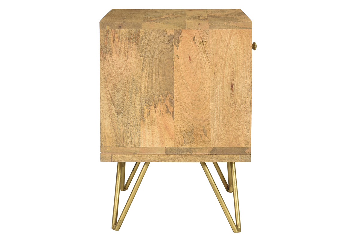 Table de chevet avec rangements bois manguier massif grav� et m�tal dor� LINIUM
