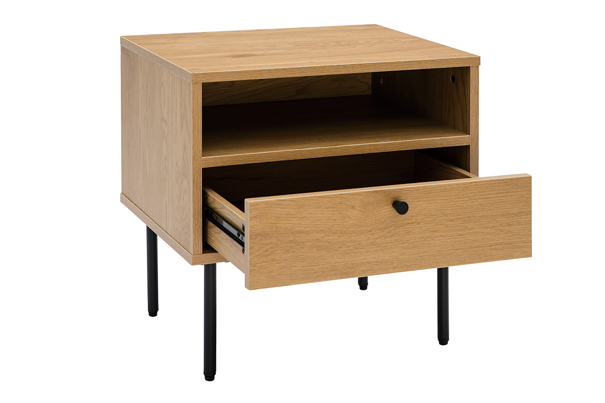 Table de chevet avec rangements finition bois clair ch�ne et m�tal noir PERNELLE