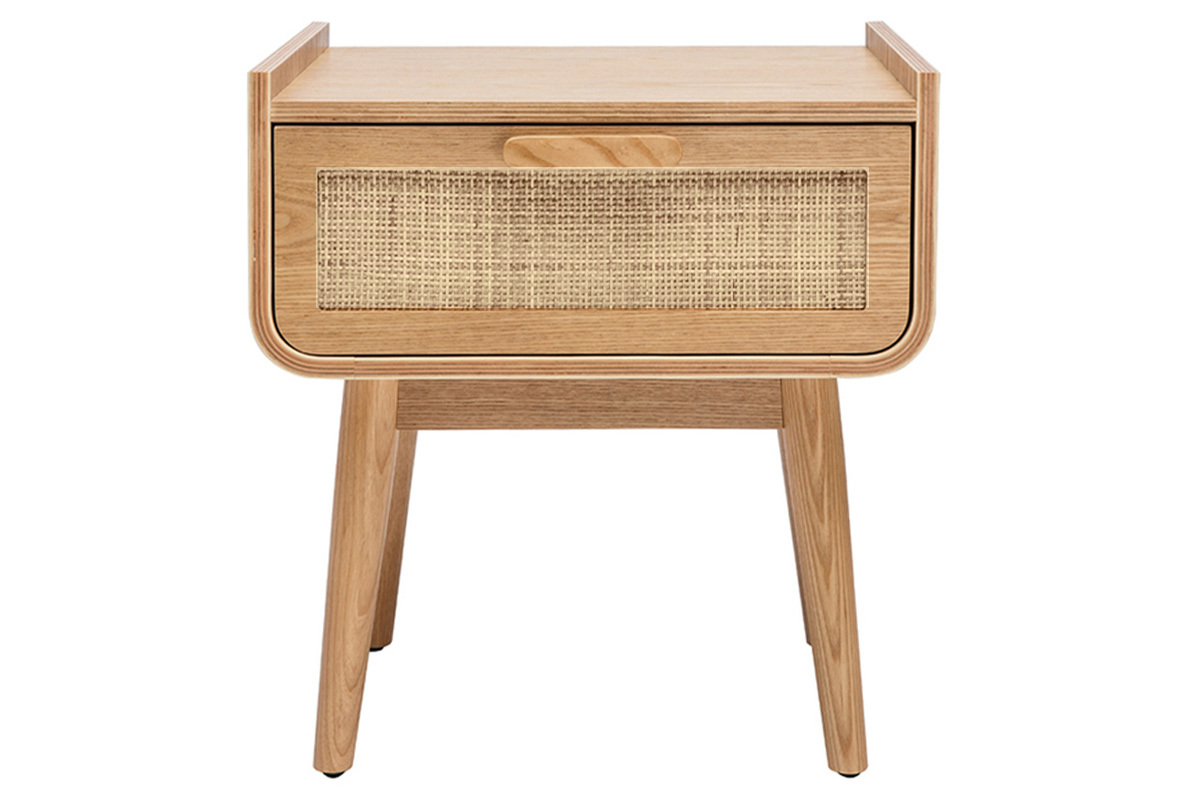 Table de chevet avec tiroir en bois clair fr�ne et cannage rotin ATH�NE
