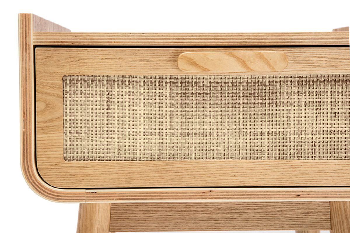 Table de chevet avec tiroir en bois clair fr�ne et cannage rotin ATH�NE