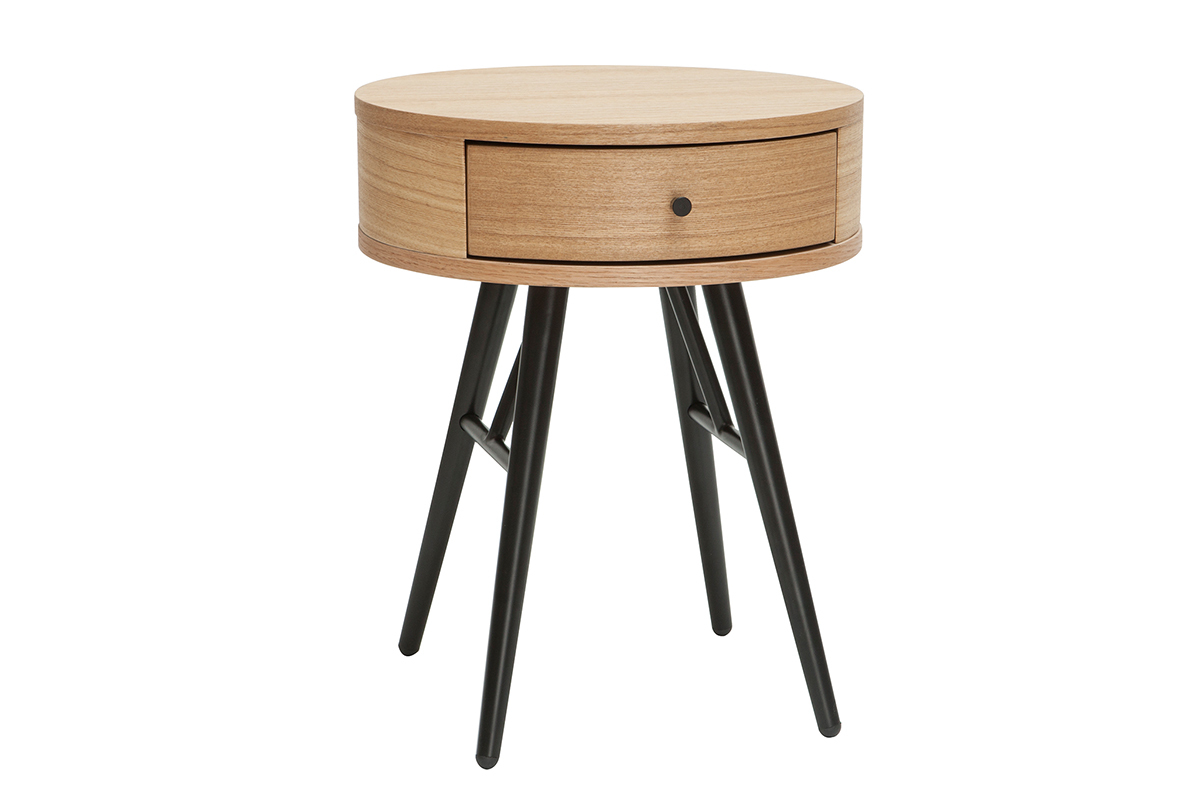 Table de chevet ronde avec tiroir bois clair et m�tal noir KORAL