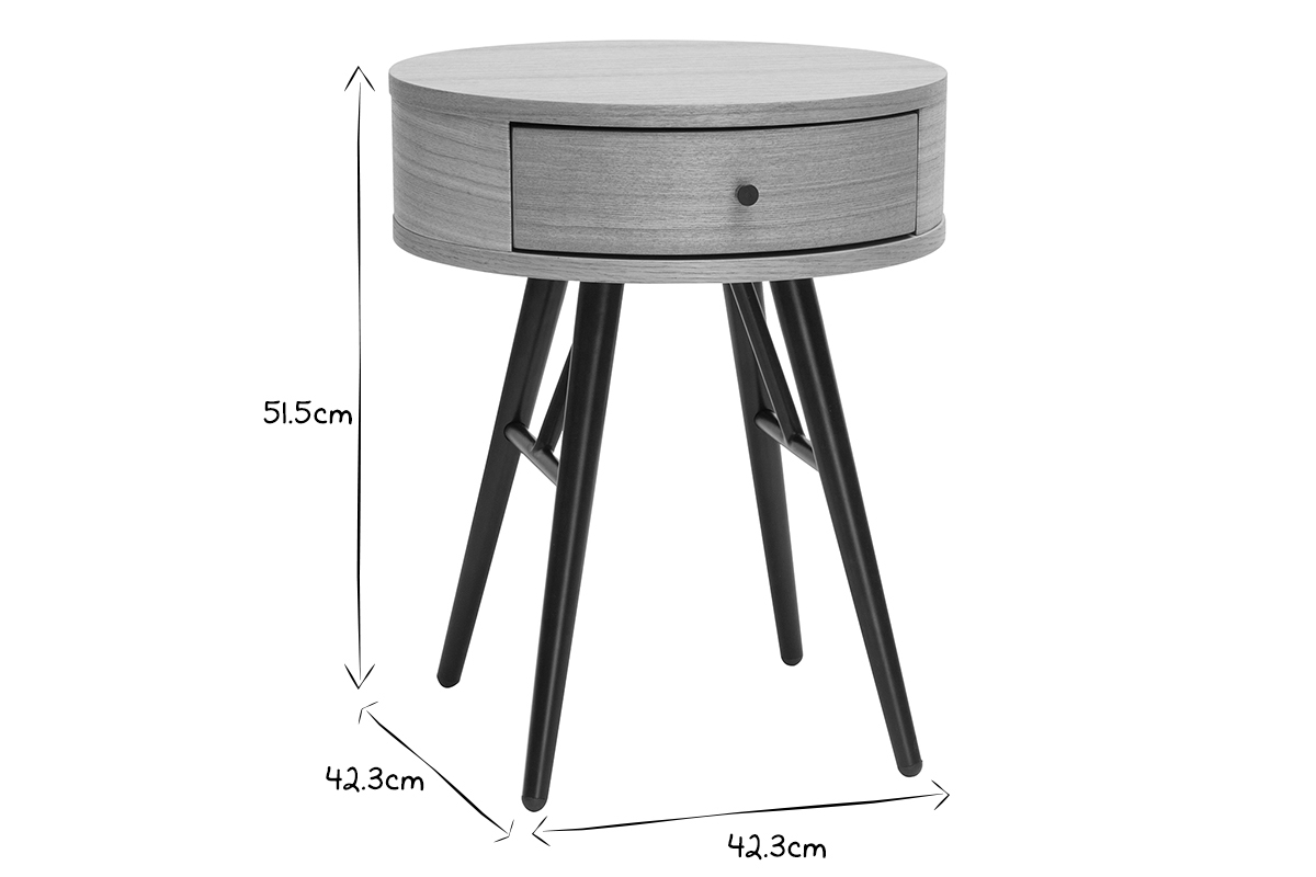 Table de chevet ronde avec tiroir bois clair et m�tal noir KORAL