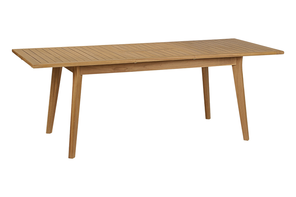 Table de jardin extensible en bois teck massif, vue de 3/4, dimensions L160-210 cm.