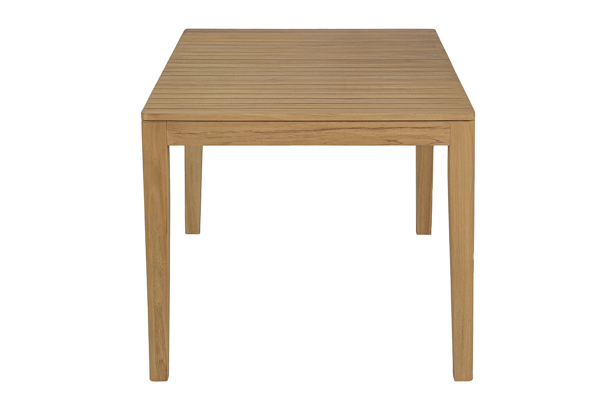 Table de jardin rectangulaire en bois teck massif, vue de profil, dimensions L160 x P90 x H75 cm.
