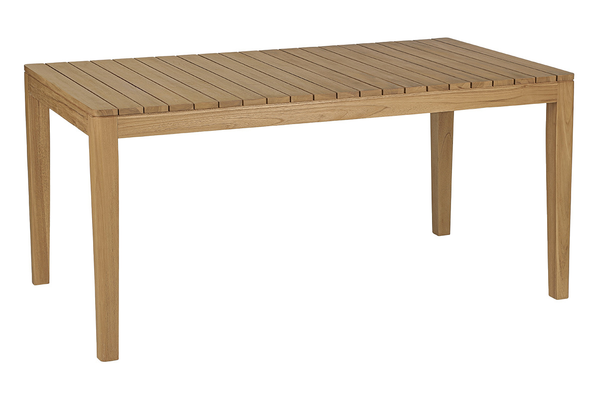 Table de jardin rectangulaire en teck massif, vue de 3/4, dimension L160 cm.