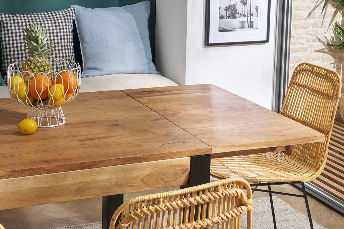 Table extensible rallonges int�gr�es rectangulaire en bois massif et m�tal noir L120-210 cm TRAP