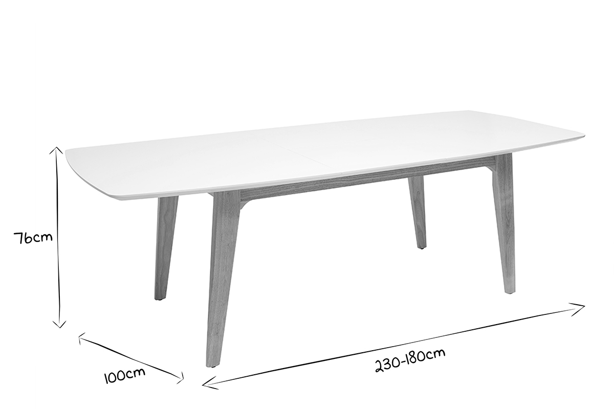 Table extensible rallonges int�gr�es rectangulaire finition bois blanc et h�v�a massif L180-230 cm FIFTIES