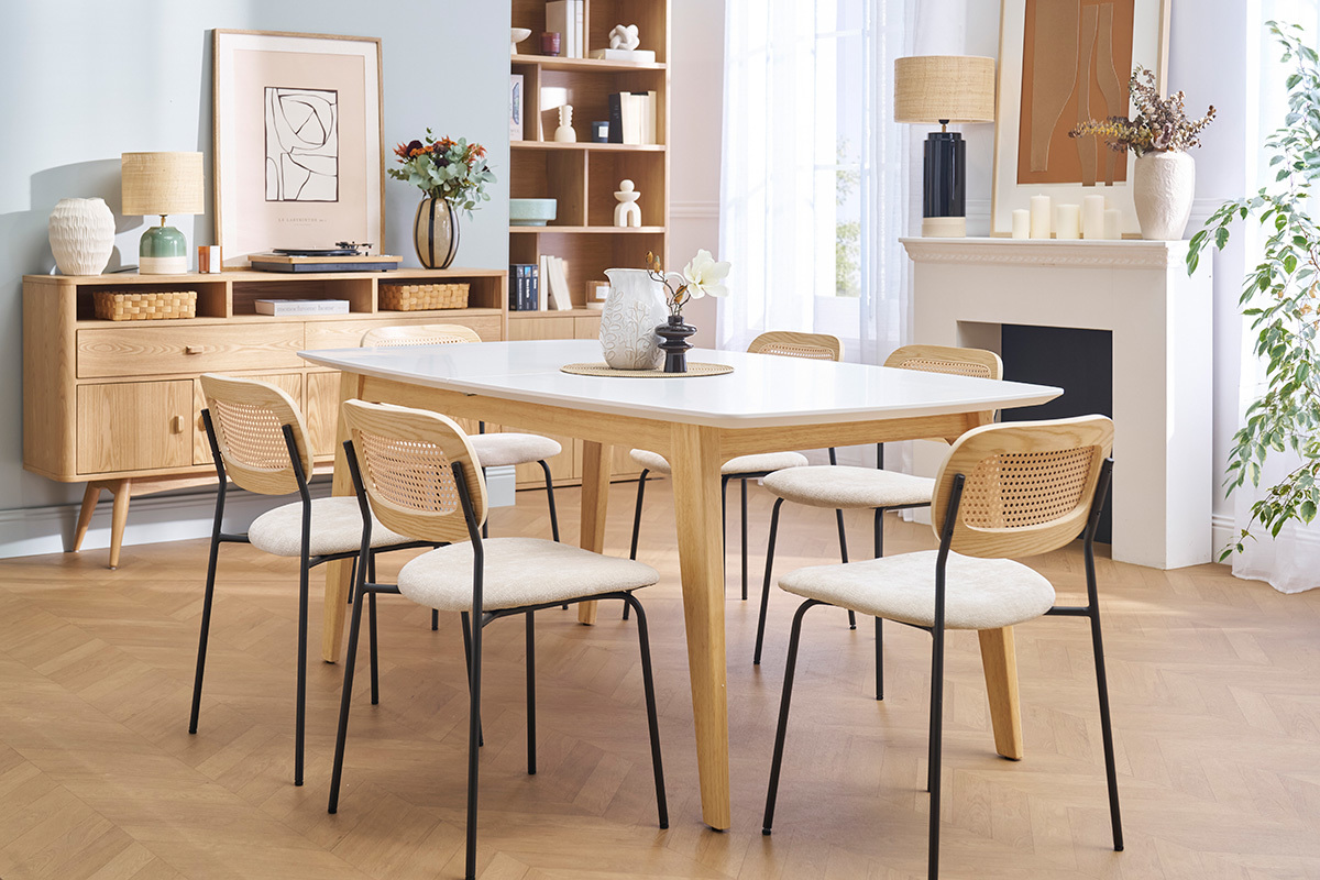Table extensible rallonges int�gr�es rectangulaire finition bois blanc et h�v�a massif L180-230 cm FIFTIES