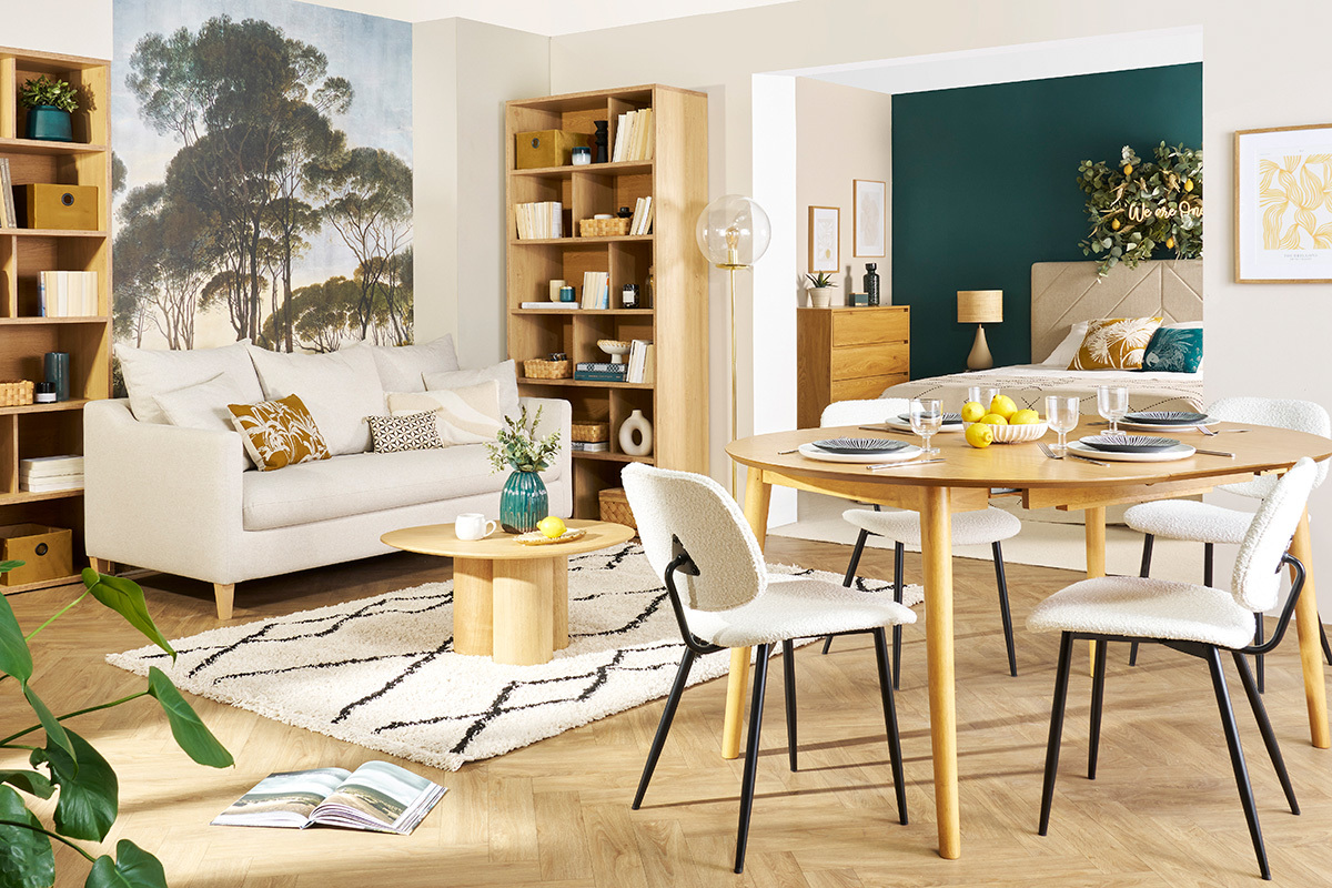 Table extensible rallonges int�gr�es ronde en bois clair ch�ne L115-154 cm EGO