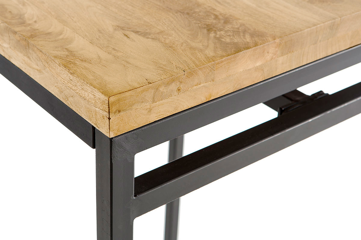 Table haute carr�e en manguier massif et m�tal noir, vue de dessus, dimensions 70 cm