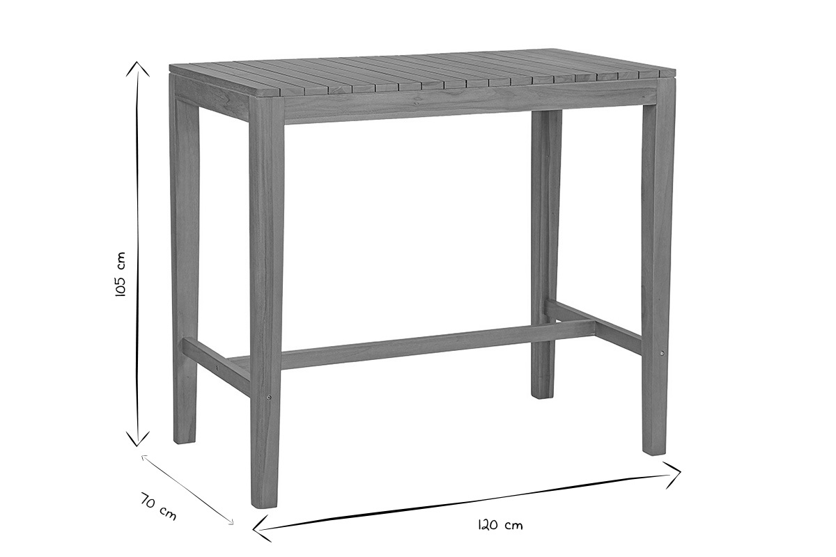 Table haute de jardin rectangulaire en bois teck massif, dimensions L120 x P70 x H105 cm, vue de c�t� en noir et blanc.