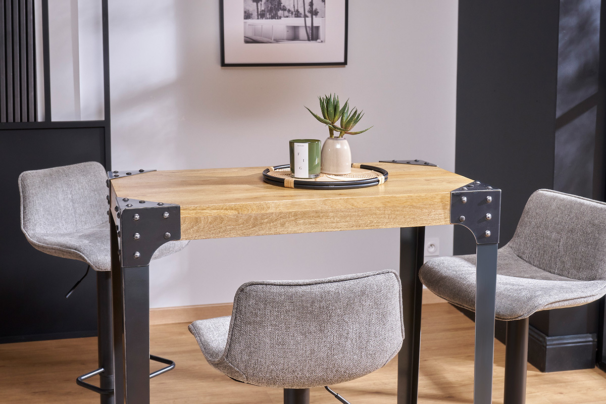 Table haute industrielle carr�e en bois manguier massif et m�tal  L88 cm MADISON