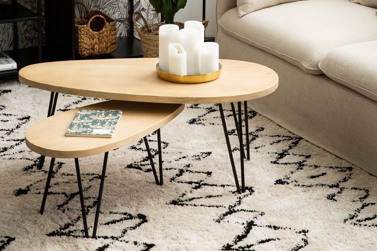 Tables basses gigognes bois clair manguier massif et m�tal noir (lot de 2) VIBES