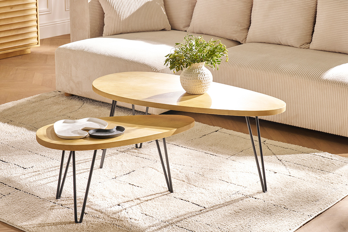 Tables basses gigognes bois clair manguier massif et m�tal noir (lot de 2) VIBES