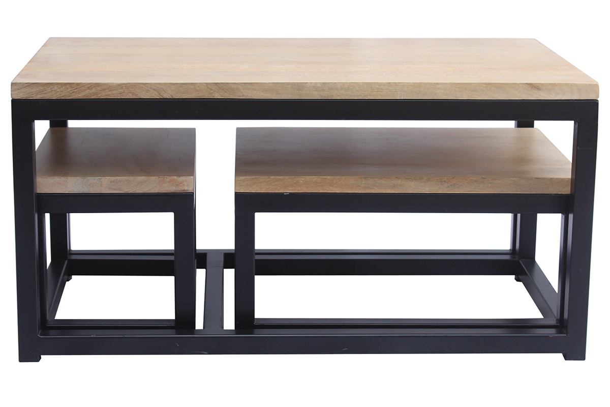 Tables basses gigognes bois manguier massif et m�tal noir (lot de 3) FACTORY