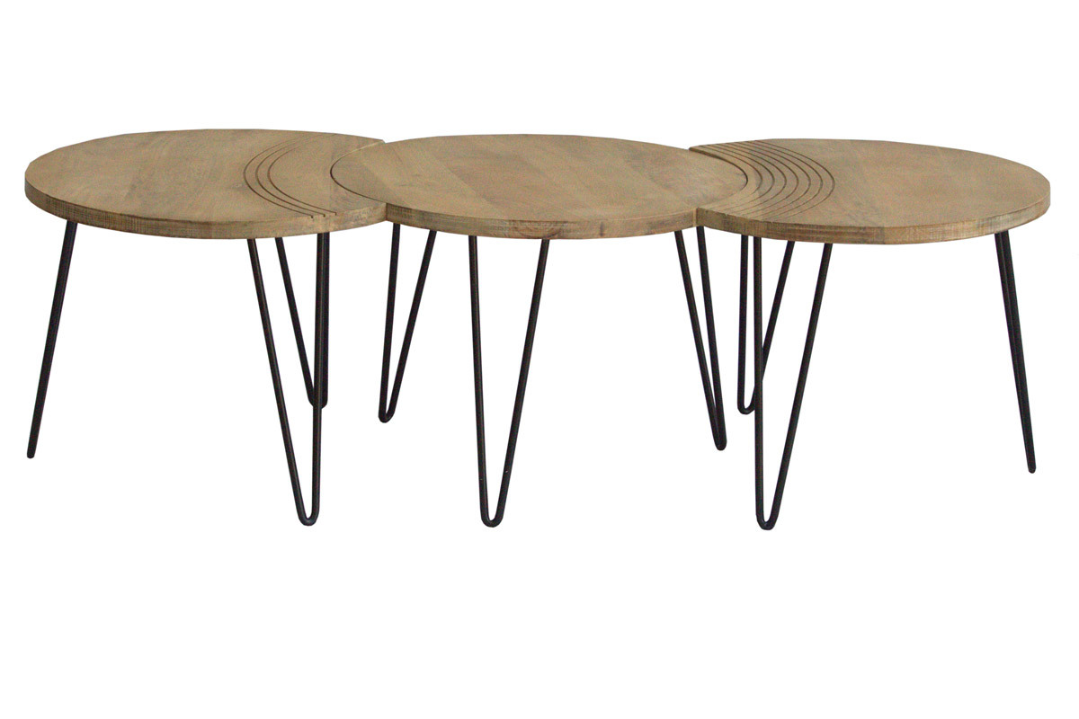 Tables basses gigognes grav�es bois manguier massif et m�tal noir (lot de 3) VIBES