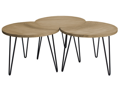 Tables basses gigognes grav&eacute;es bois manguier massif et m&eacute;tal noir (lot de 3) VIBES