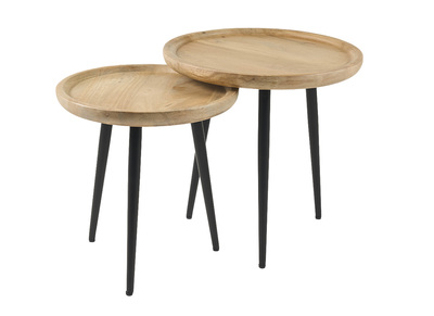 Tables basses gigognes rondes bois manguier massif et m&eacute;tal noir (lot de 2) PYTA