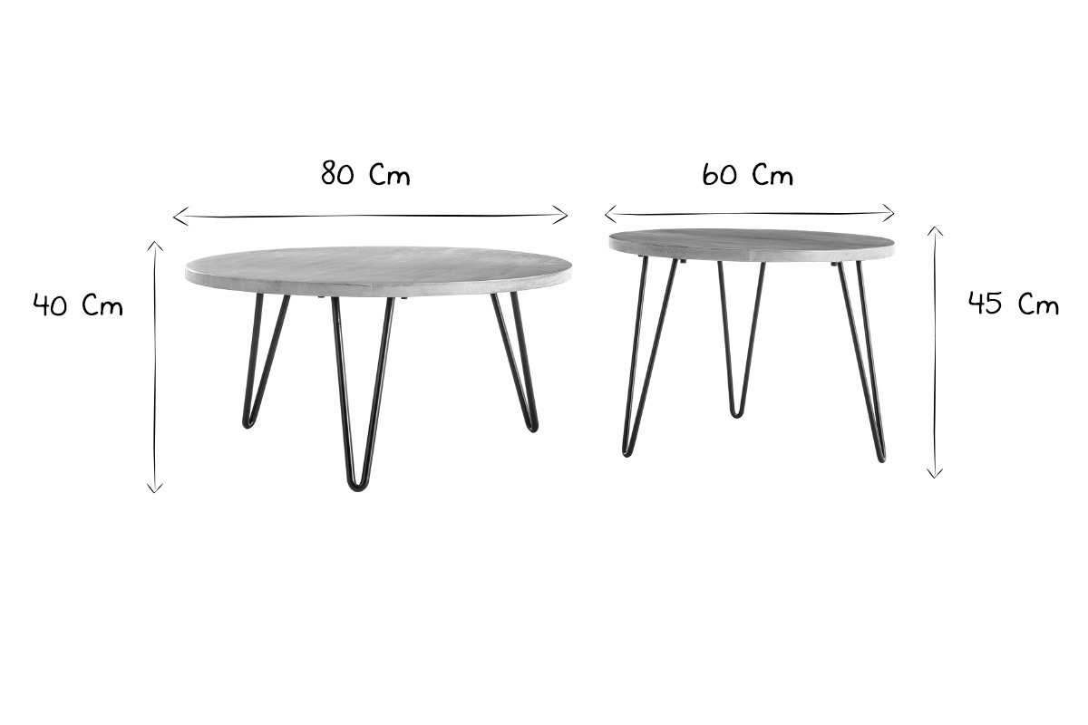 Tables basses gigognes rondes bois manguier massif et m�tal noir (lot de 2) VIBES