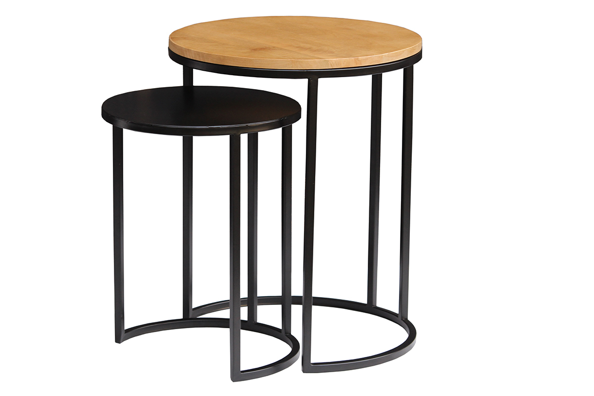Tables d'appoint gigognes en bois manguier massif et m�tal noir TAHL