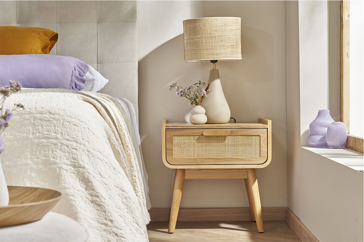Tables de chevet avec tiroir en bois clair fr�ne et cannage rotin (lot de 2) ATH�NE