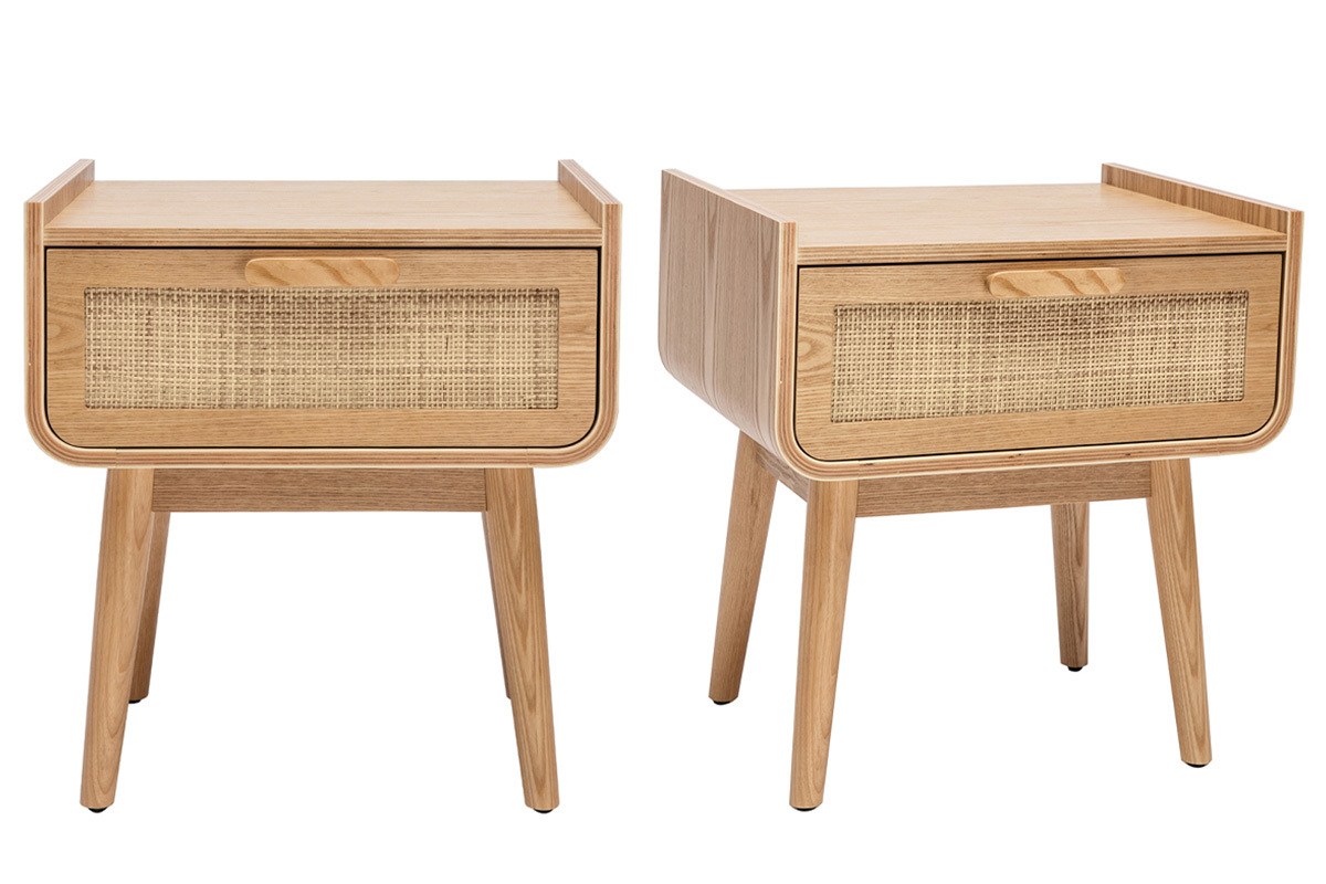 Tables de chevet avec tiroir en bois clair fr�ne et cannage rotin (lot de 2) ATH�NE