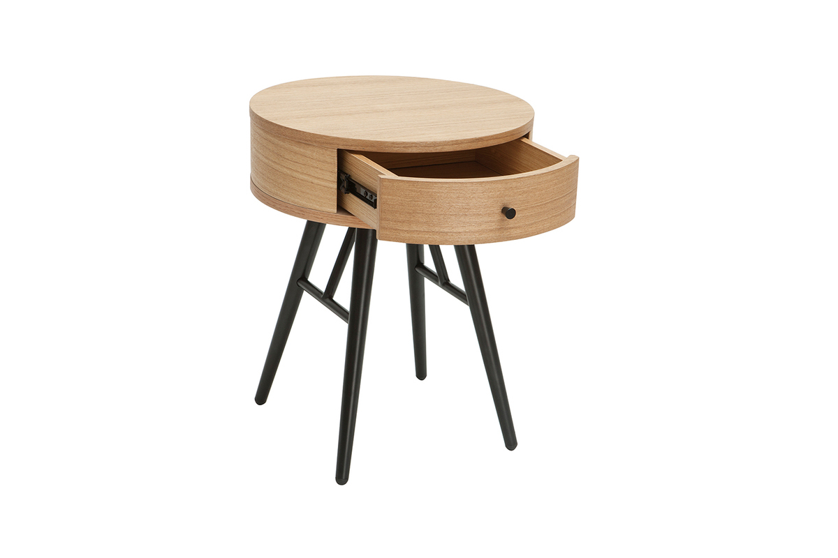 Tables de chevet rondes avec tiroir bois clair et m�tal noir (lot de 2) KORAL