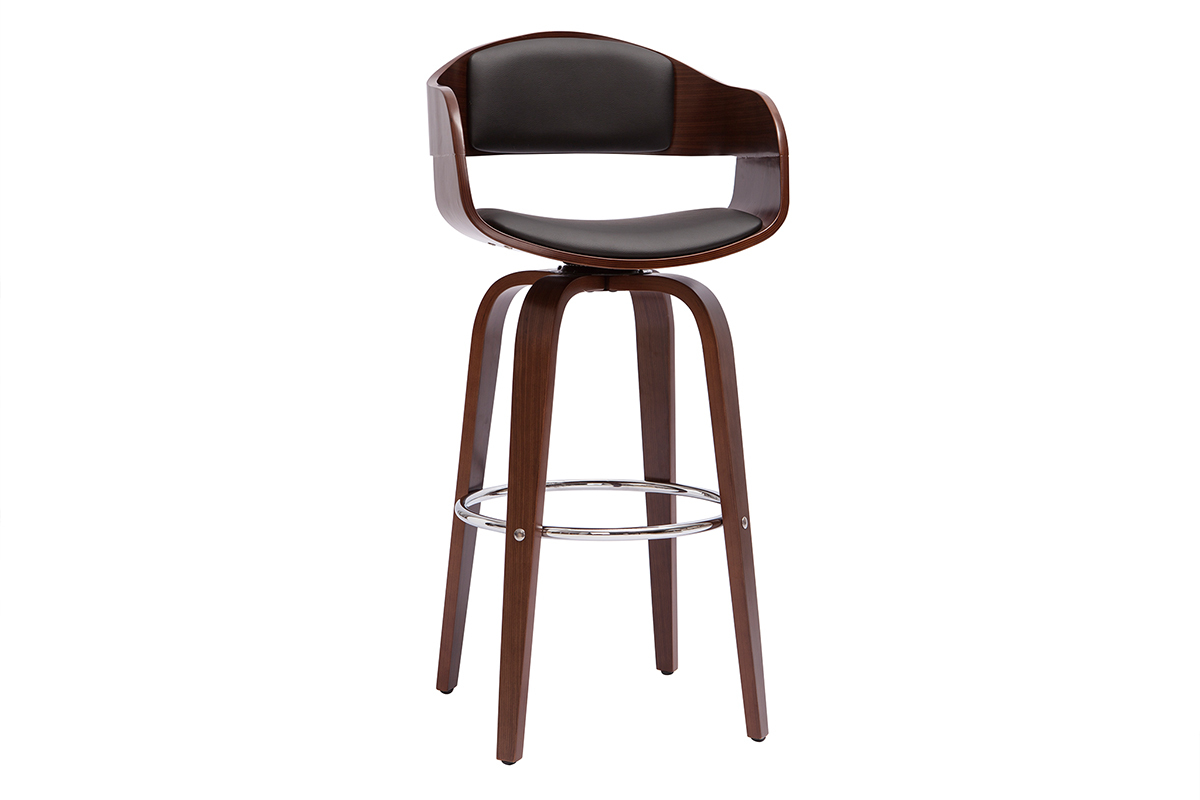 Tabouret de bar noir et bois fonc� noyer avec repose-pieds chrom�, pivotant, vue de 3/4.