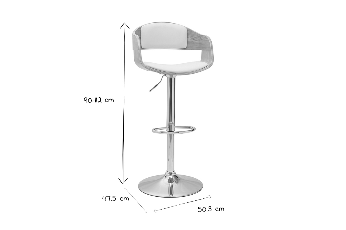 Tabouret de bar design r�glable blanc et bois clair EUSTACHE