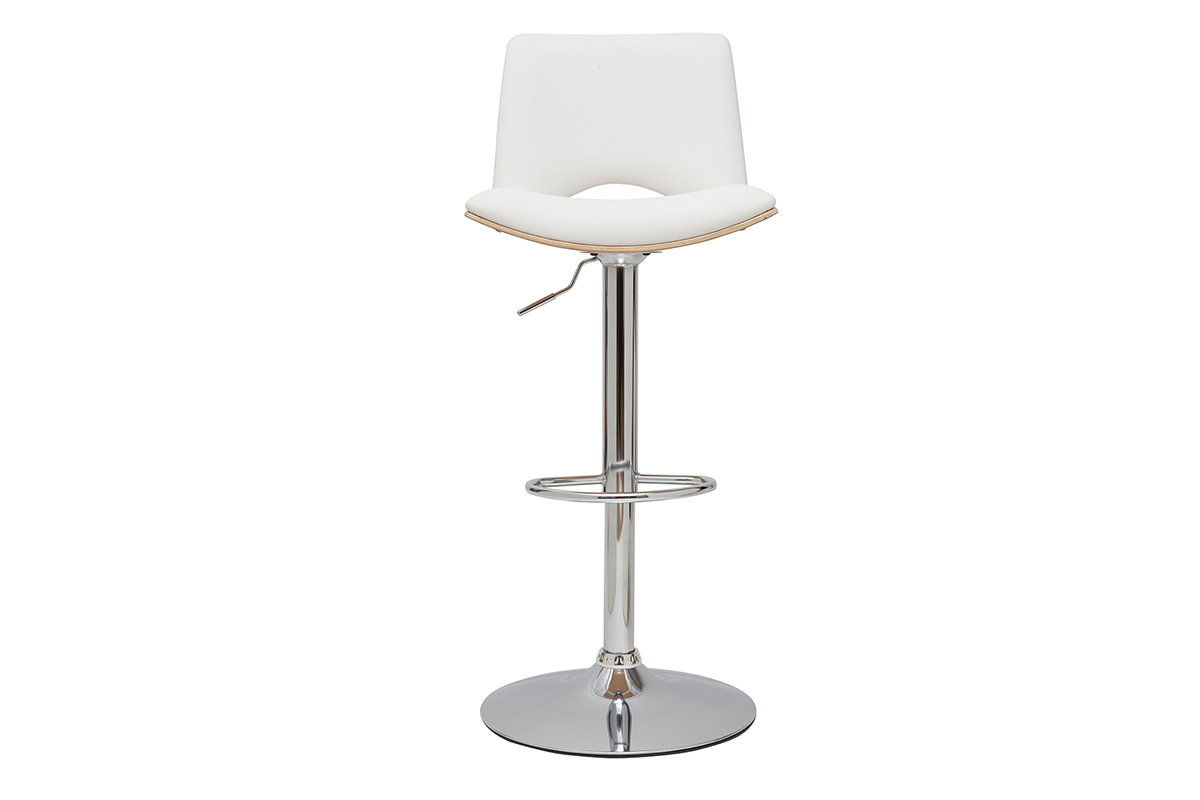 Tabouret de bar blanc et bois PANACH, vue de face, pied central m�tal, dossier haut.