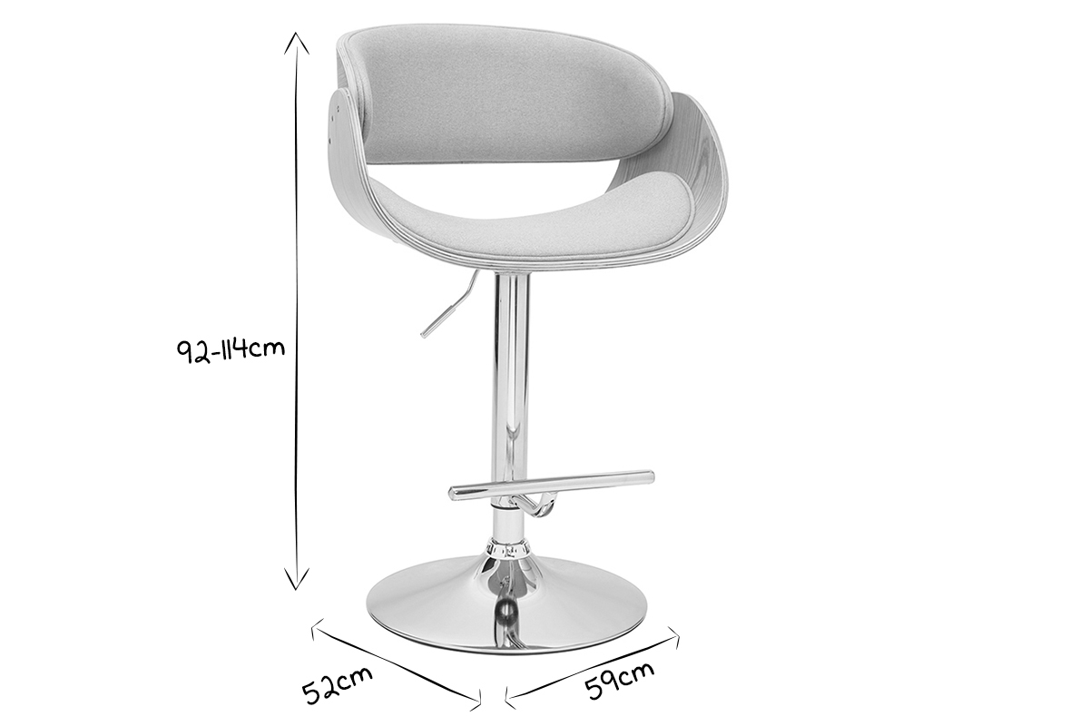 Tabouret de bar design r�glable en tissu gris clair et bois clair BENT