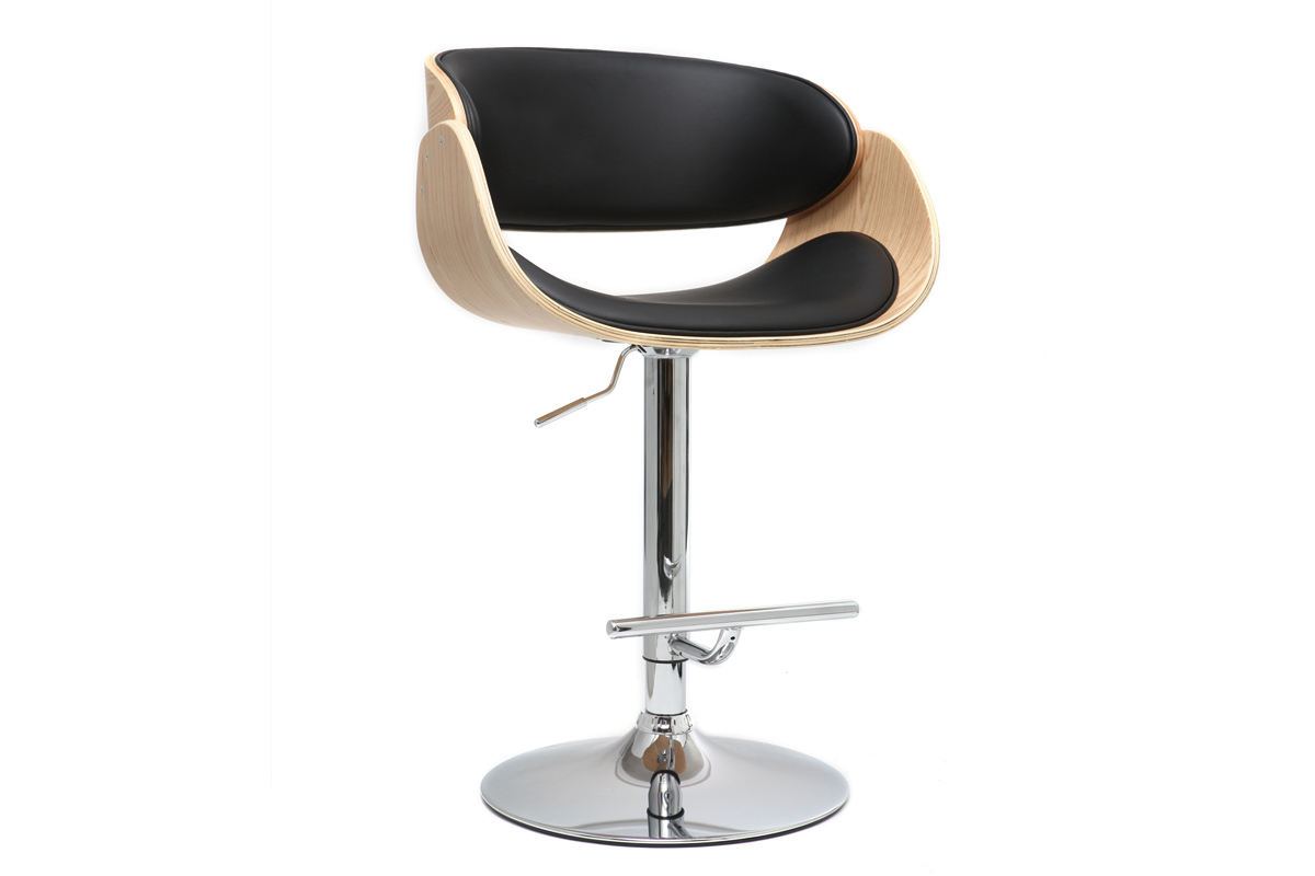 Tabouret de bar design r�glable noir et bois clair BENT