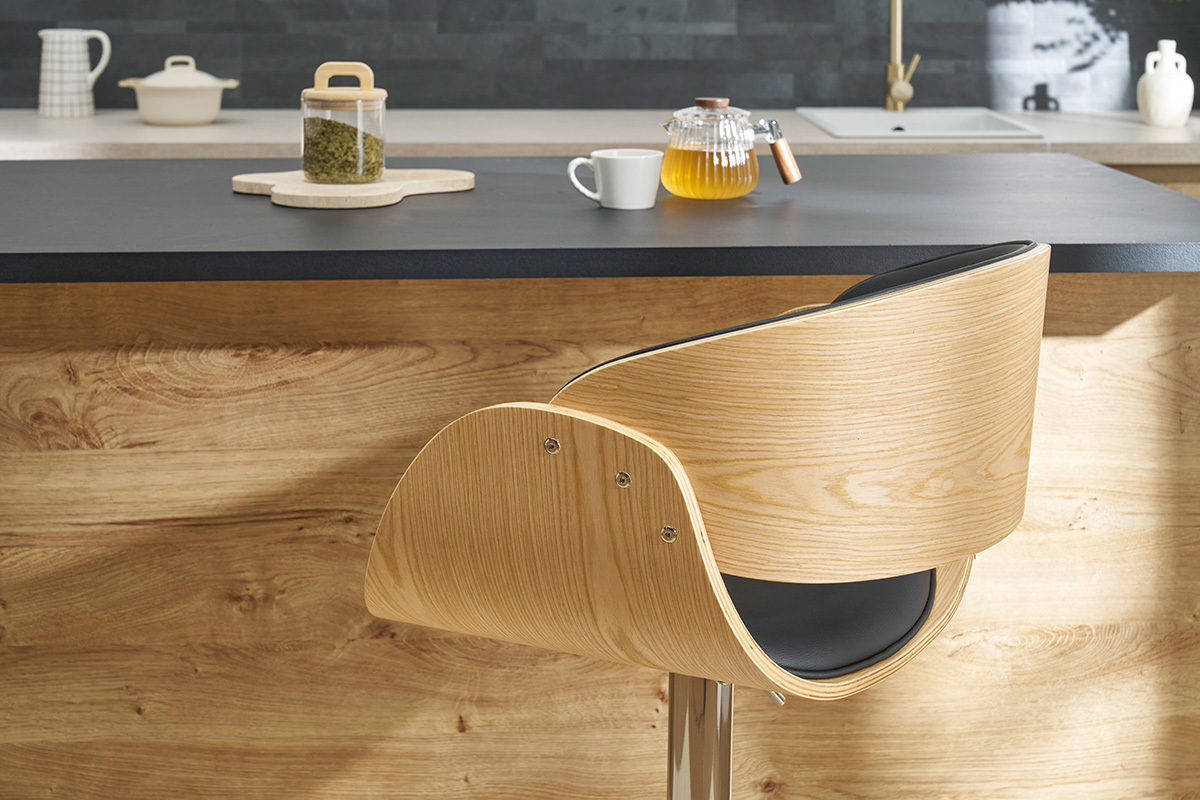 Tabouret de bar design r�glable noir et bois clair BENT
