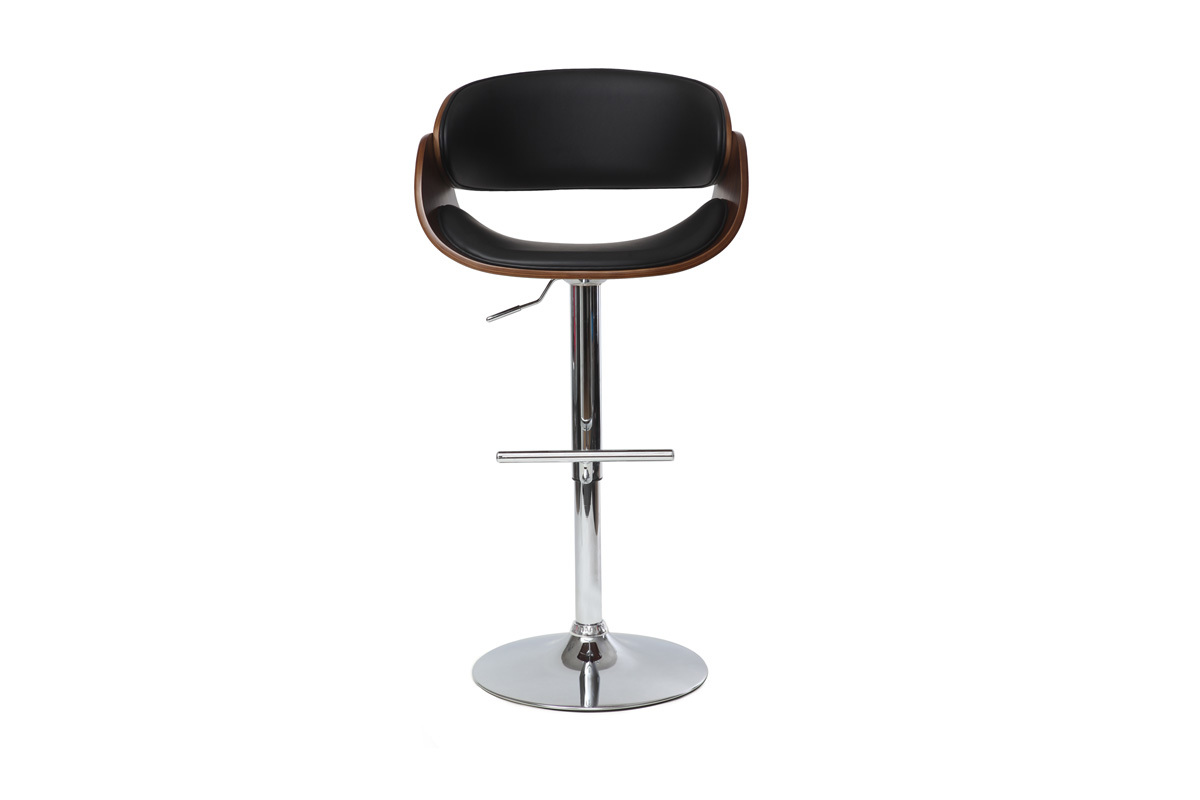 Tabouret de bar design noir et bois fonc�, vue de face, r�glable en hauteur et pivotant 360�.