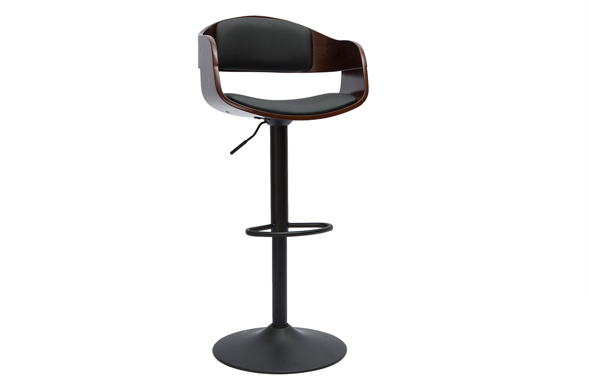 Tabouret de bar design r�glable noir et bois fonc� EUSTACHE