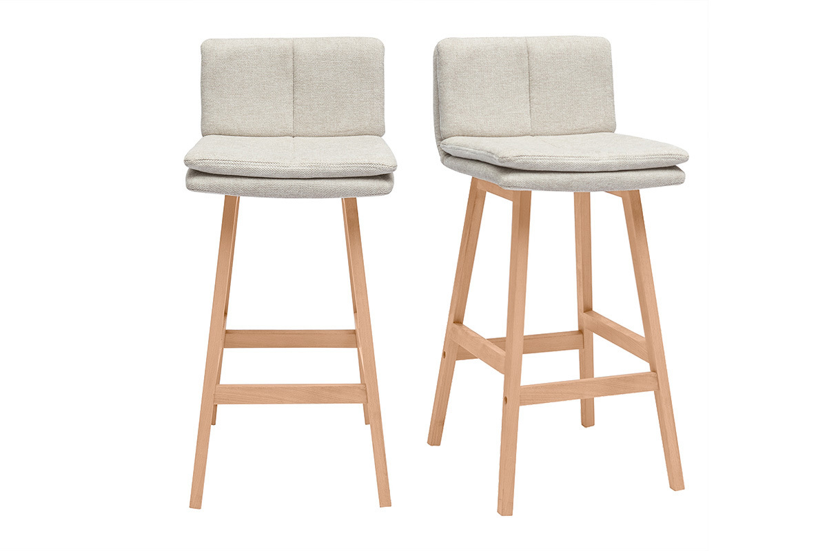 Tabouret de bar en tissu effet velours textur� beige et bois (lot de 2) JOAN