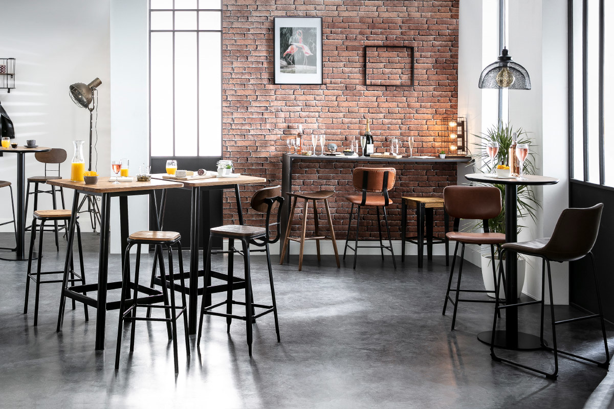 Tabouret de bar industriel m�tal et bois manguier massif H65 cm MADISON