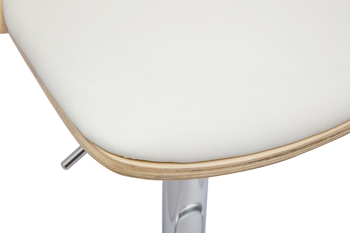 Tabouret de bar r�glable blanc, bois clair et pied chrom� DOA