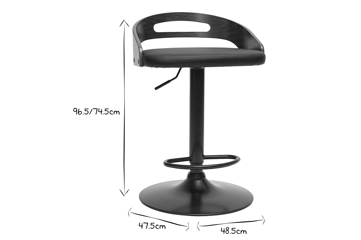 Dimensions du tabouret de bar MANO en noir et blanc: H96.5/74.5cm, P47.5cm, L48.5cm, vue de face.