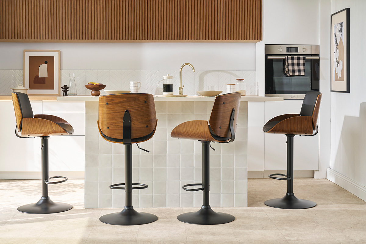 Tabouret de bar relevable blanc et bois clair VESPER
