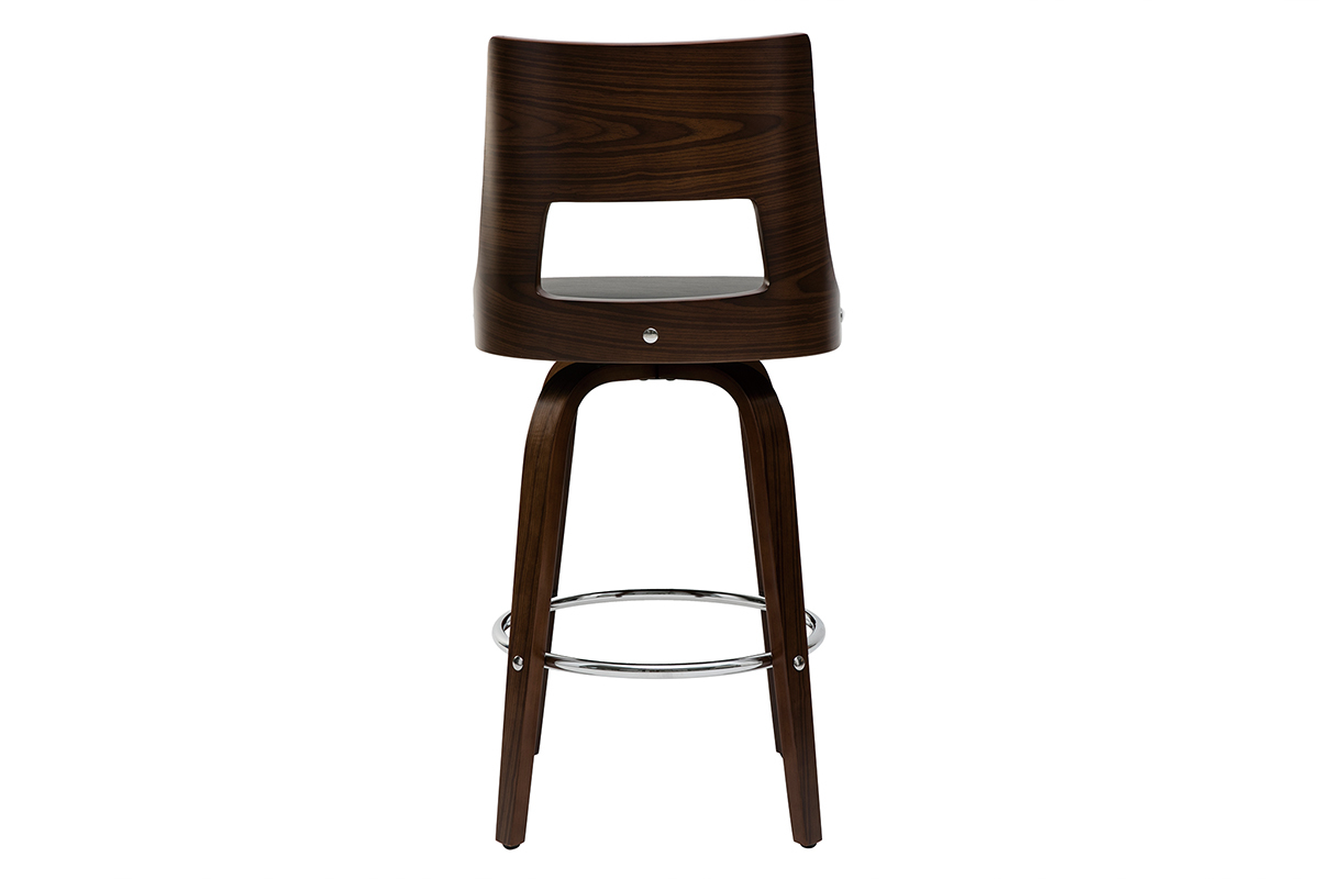 Tabouret de bar vintage pivotant noir et bois fonc�, vue de dos avec pi�tement arrondi.