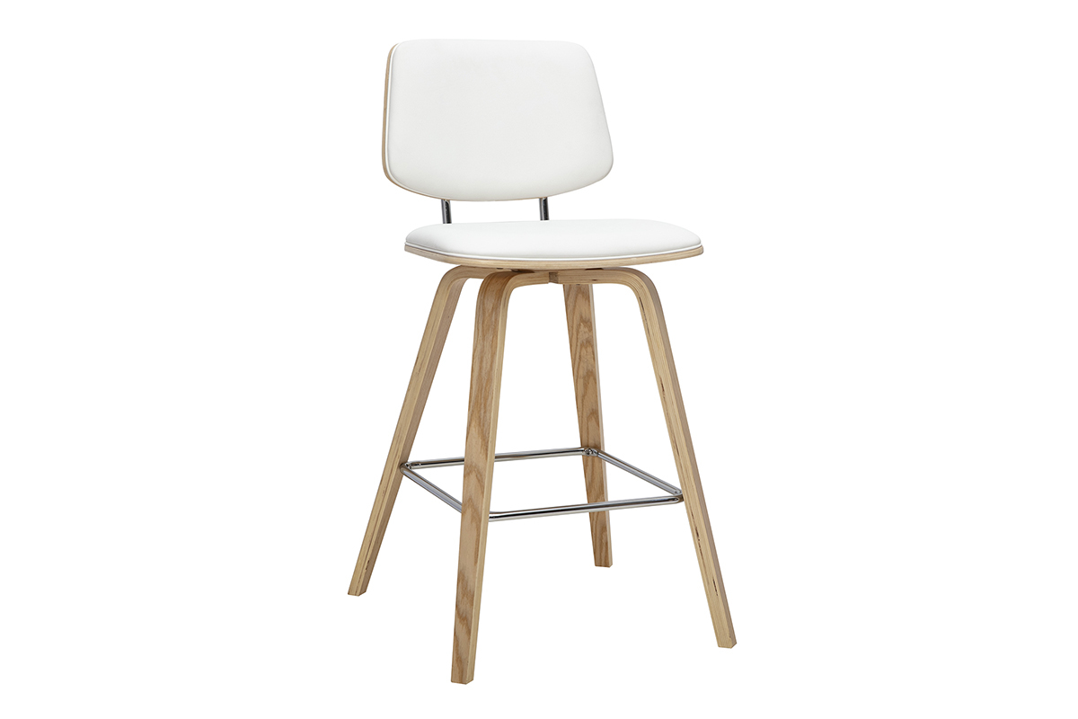 Tabouret de bar blanc avec assise en polyur�thane et pieds en bois clair, vue de 3/4.