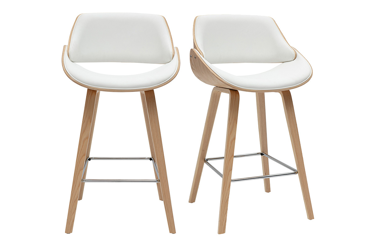 Tabourets de bar pivotants blancs et bois clair, design moderne, hauteur 70 cm, lot de 2 CLASH.