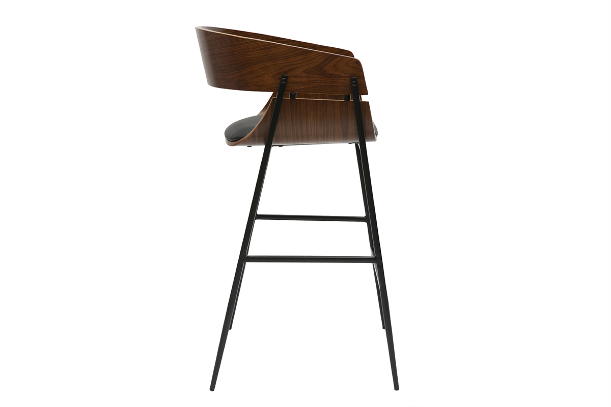 Tabouret de bar en bois fonc� et m�tal noir, vue de profil, design moderne.