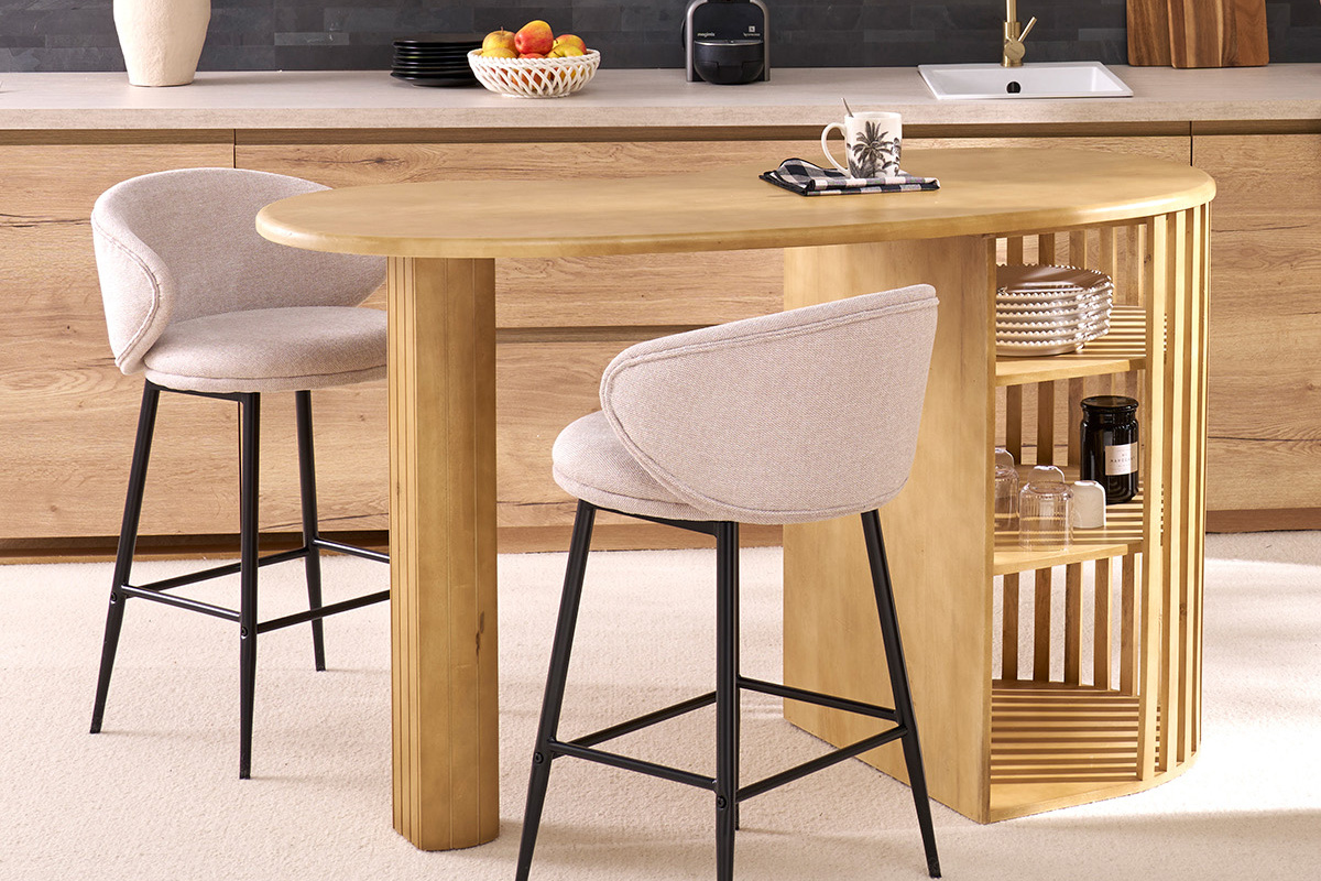 Tabourets de bar design en tissu effet velours textur� beige et m�tal noir (lot de 2) ROSALIE