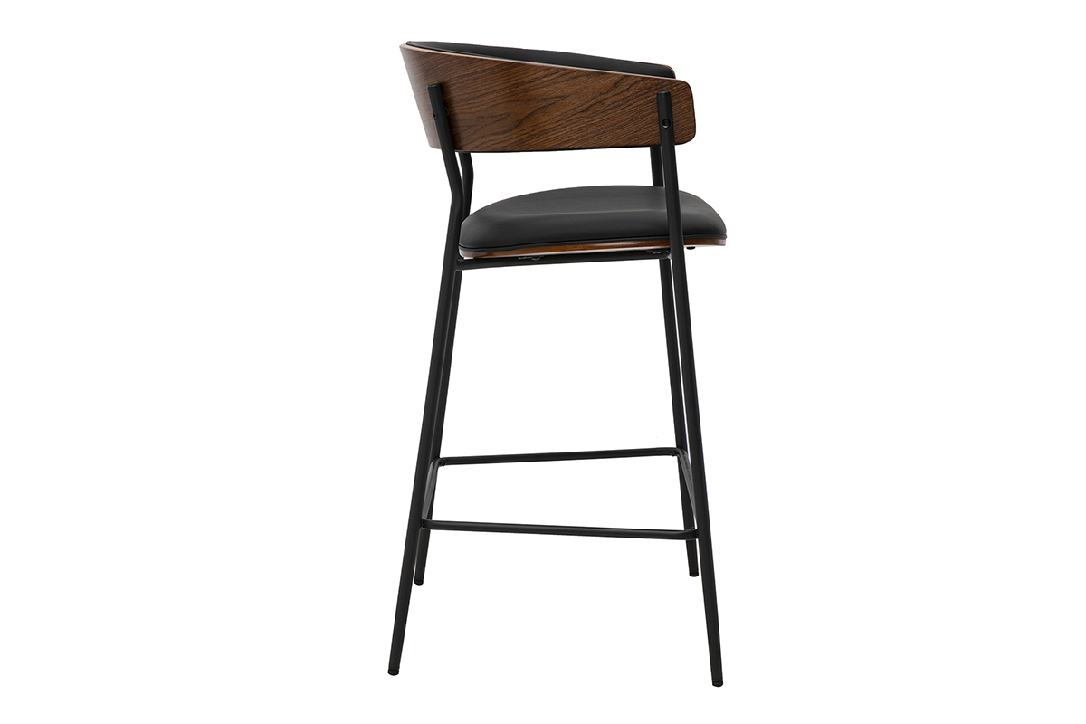 Tabouret de bar DANTE en noir et bois noyer, vue de profil avec dossier.