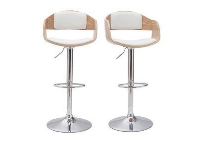 Tabourets de bar design r&eacute;glables en polyur&eacute;thane blanc et bois clair (lot de 2) EUSTACHE