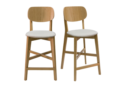 Tabourets de bar en bois clair ch&ecirc;ne et tissu beige H65 cm (lot de 2) LUCIA