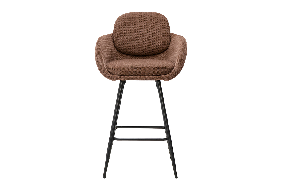 Tabouret de bar en tissu chenille terre br�l�e avec m�tal noir, vue de face.