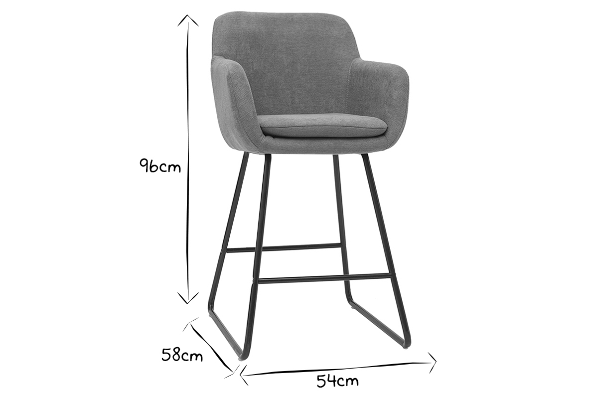 Dimensions du tabouret de bar AMIKA en noir et blanc, hauteur 96 cm, largeur 54 cm, profondeur 58 cm.